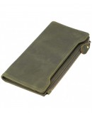 Vintage Natural Top Grain Leather Bifold Wallet Zipper Clutch Checkbook Case - Light Green