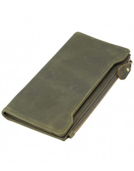 Vintage Natural Top Grain Leather Bifold Wallet Zipper Clutch Checkbook Case - Light Green