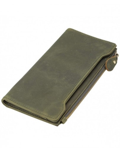Vintage Natural Top Grain Leather Bifold Wallet Zipper Clutch Checkbook Case - Light Green