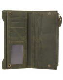 Vintage Natural Top Grain Leather Bifold Wallet Zipper Clutch Checkbook Case - Light Green