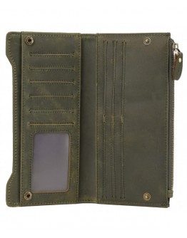 Vintage Natural Top Grain Leather Bifold Wallet Zipper Clutch Checkbook Case - Light Green
